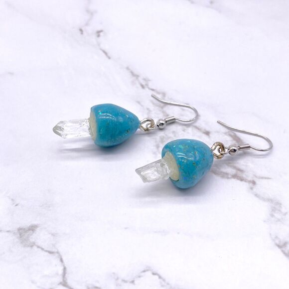 Blue Mushroom Quartz Crystal Dangle wire hook polymer Clay Earrings - Picture 5 of 10